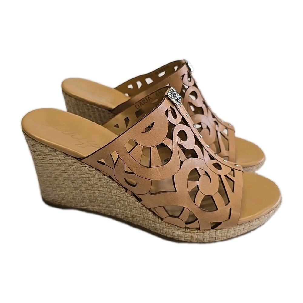 Brighton Daria Tan Leather Cutout Platform Wedge Sandals 8M Espadrille Brazil